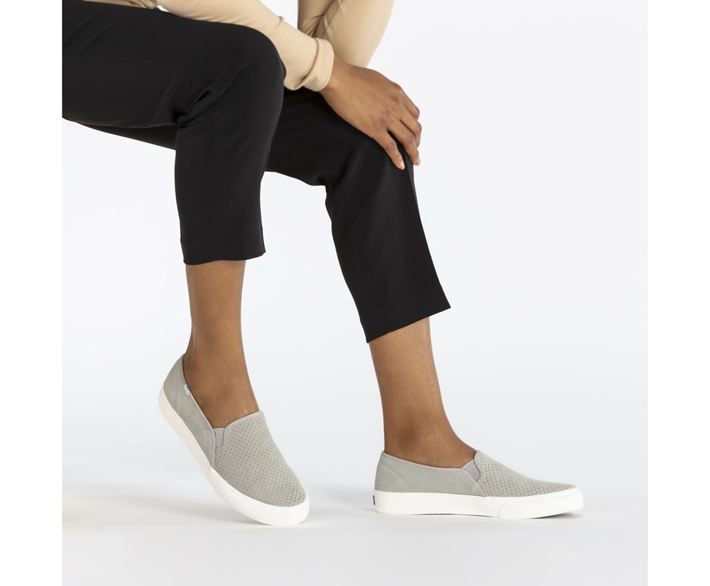 Slip Ons Keds Femme Grise - Double Decker Perf Suede - 859-KHIZVJ